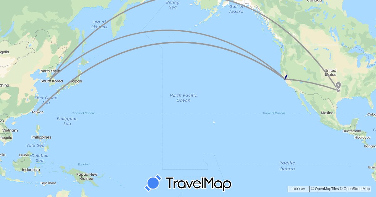 TravelMap itinerary: driving, plane in South Korea, Taiwan, United States (Asia, North America)